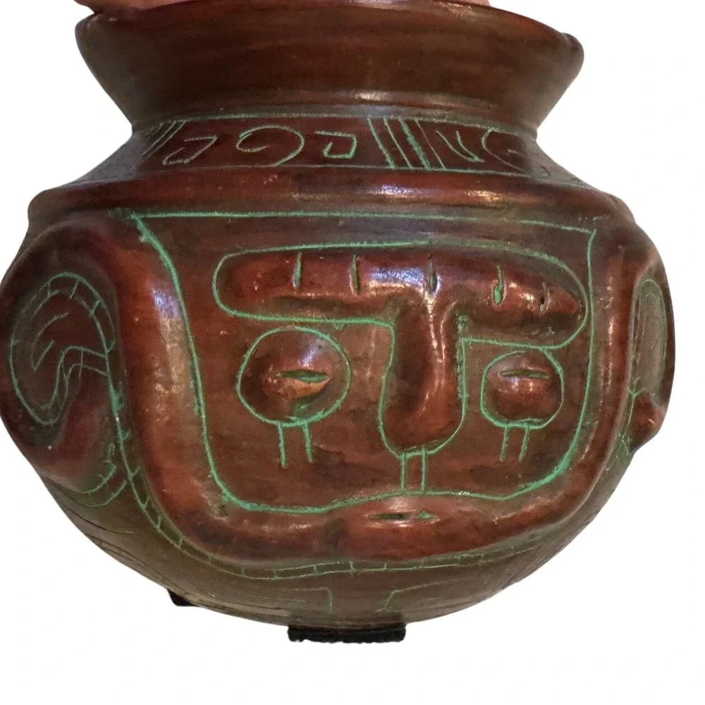 Handmade Red Clay Pottery Vessel Incised Tribal Face Design Green Accents 5